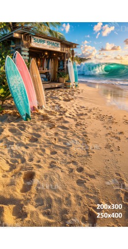 Tło fotograficzne „Surf shack na plaży z deskami i falą oceanu” | 4056